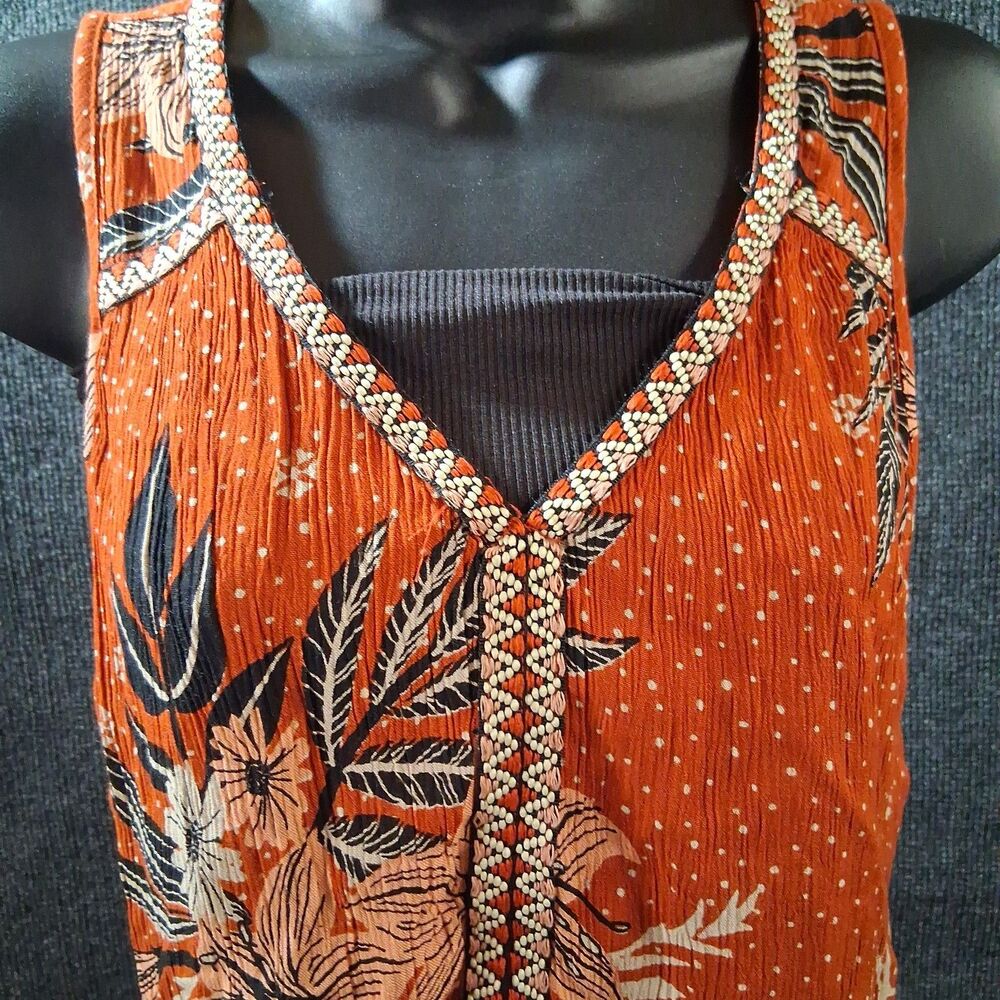 Patrons of Peace S Orange Boho Floral Embroidered V-Neck Peplum Sleeveless Top - Picture 3 of 7